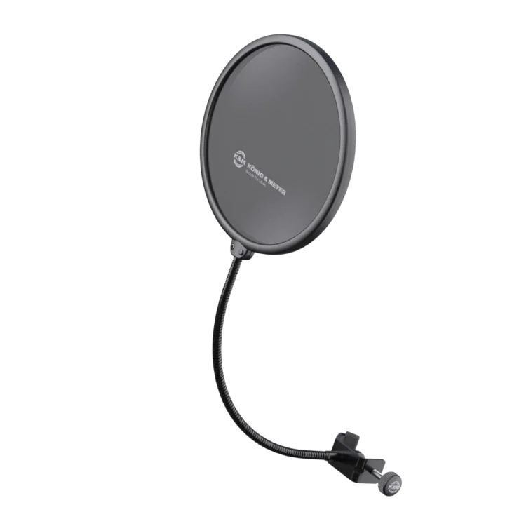 K&M Popkiller black microphone pop filter with mesh screen and mounting bracket assembly