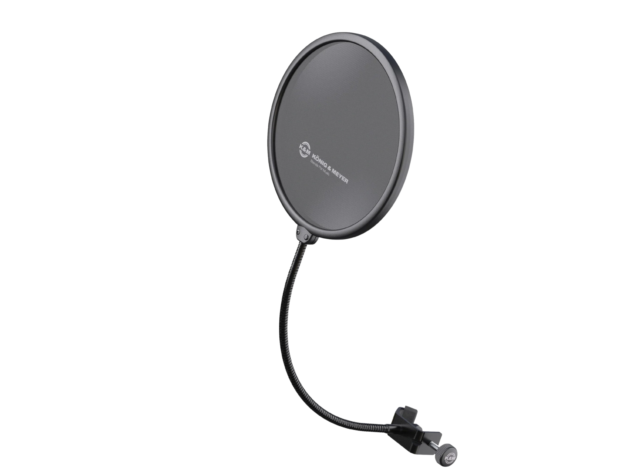 K&M Popkiller Black Microphone Pop Filter Front View K&M Popkiller black microphone pop filter with mesh screen and mounting bracket assembly