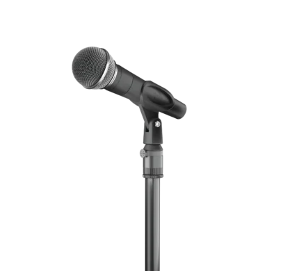 K&M quick release microphone adapter mounted on stand with microphone installed