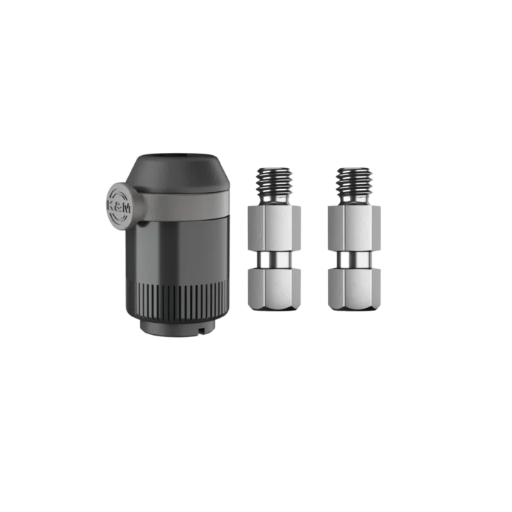 K&M quick release microphone adapter in black with mounting bracket and locking mechanism