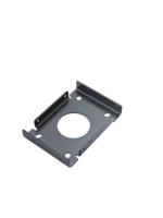 K&M black speaker ceiling mount installed in professional audio venue with mounting hardware visible