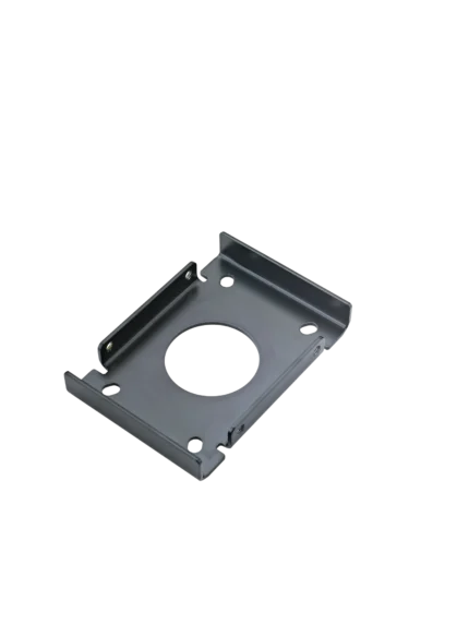 K&M black speaker ceiling mount installed in professional audio venue with mounting hardware visible