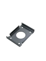 K&M black speaker ceiling mount installed in professional audio venue with mounting hardware visible