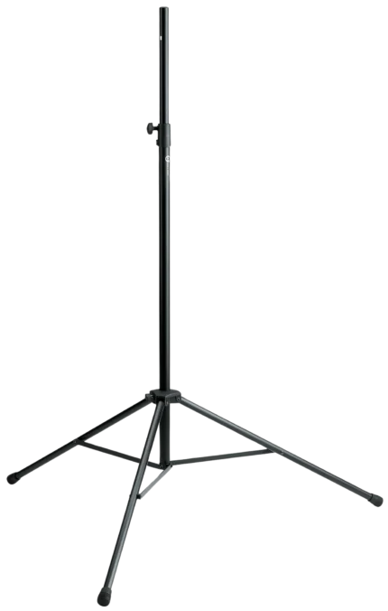 K&M black speaker monitor stand with adjustable height and stable base construction