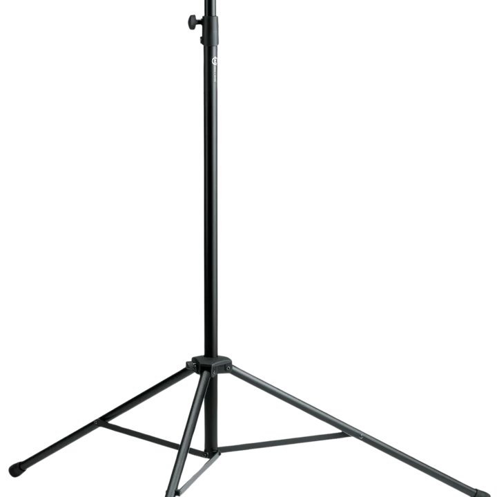 K&M black speaker monitor stand with adjustable height and stable base construction