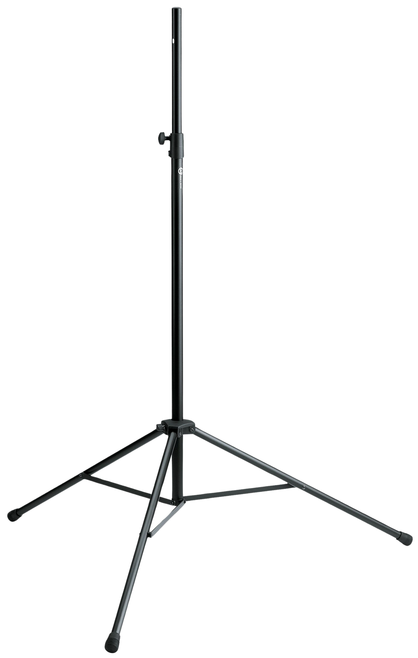 K&M Speaker Monitor Stand Black Front View K&M black speaker monitor stand with adjustable height and stable base construction