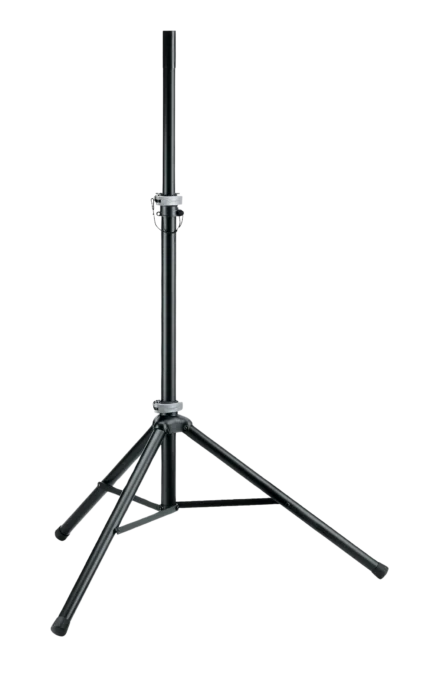 K&M black speaker stand with adjustable height and stable base for studio monitoring