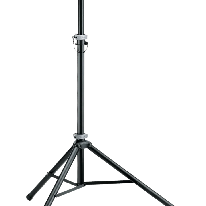 K&M black speaker stand with adjustable height and stable base for studio monitoring