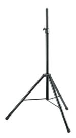 K&M black speaker stand with adjustable height and stable base for studio monitoring