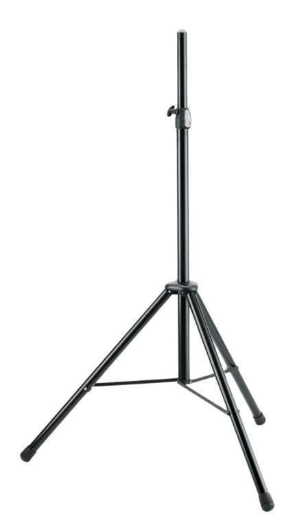K&M black speaker stand with adjustable height and stable base for studio monitoring