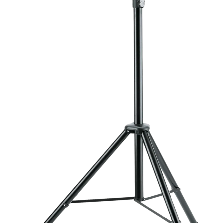 K&M black speaker stand with adjustable height and stable base for studio monitoring
