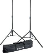 K&M speaker stand package with carry bag, black finish, front view showing full assembly