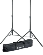 K&M speaker stand package with carry bag, black finish, front view showing full assembly