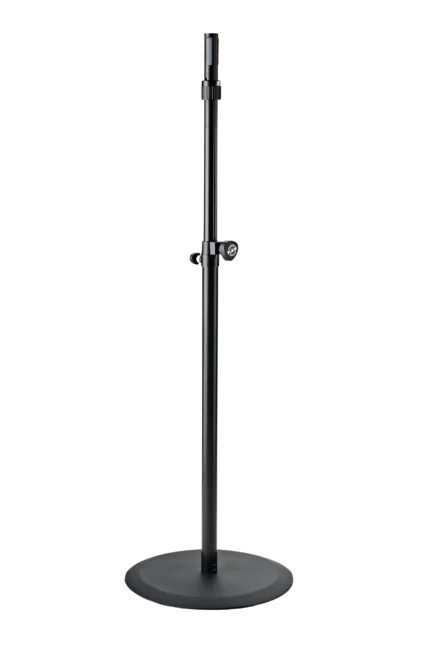K&M Ring-Lock speaker stand with black finish, front view showing locking mechanism and base
