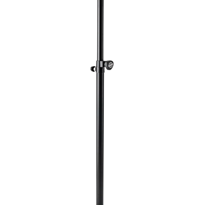 K&M Ring-Lock speaker stand with black finish, front view showing locking mechanism and base