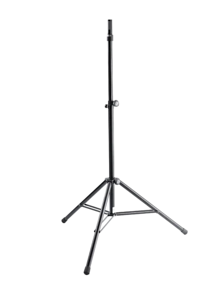 K&M speaker stand with ring lock mechanism, black finish, front view showing height adjustment