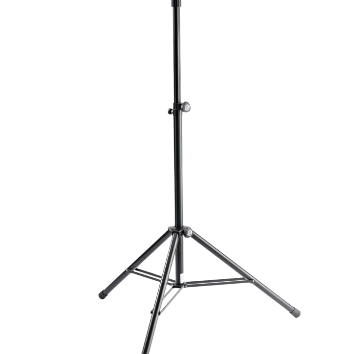 K&M speaker stand with ring lock mechanism, black finish, front view showing height adjustment