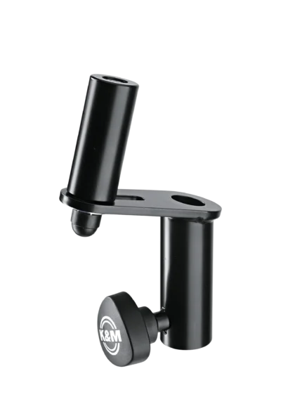 K&M speaker tilt adapter black metal construction front angle view professional audio