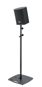 K&M speaker tilt adapter black finish shown from side angle with adjustment mechanism visible