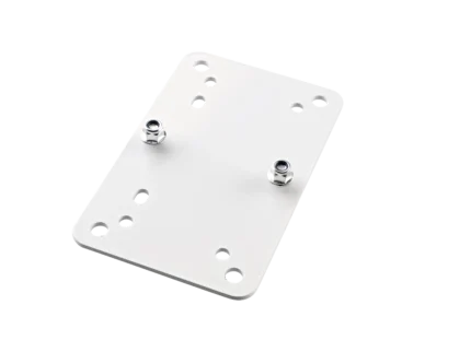 K&M speaker wall mount adapter plate 2 in white finish, front view showing mounting interface