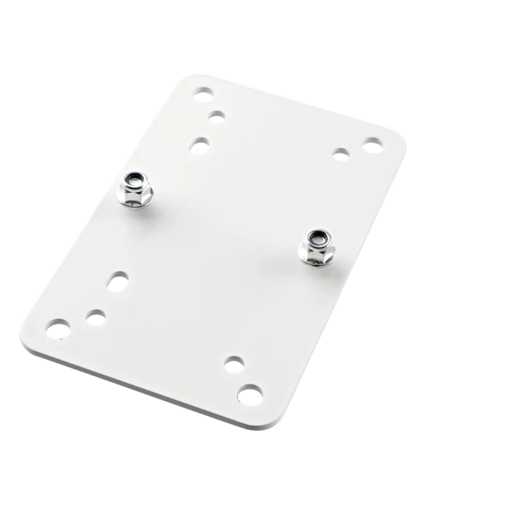 K&M speaker wall mount adapter plate 2 in white finish, front view showing mounting interface