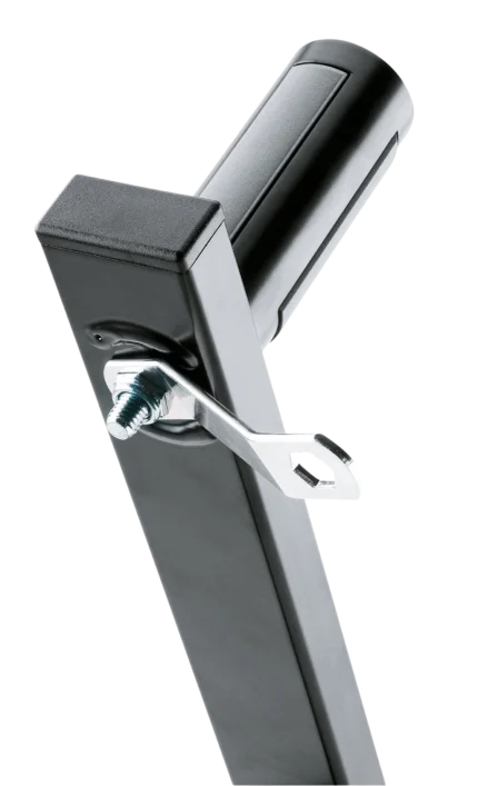 K&M black speaker wall mount showing mounting bracket and adjustment features