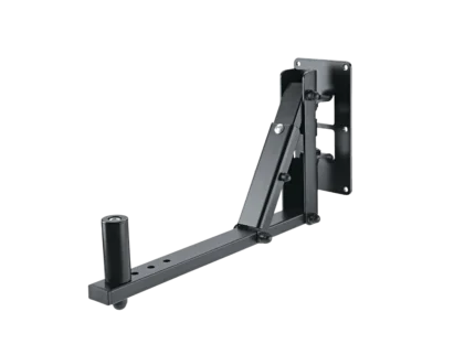 K&M black speaker wall mount with adjustable tilt and swivel mechanism front view