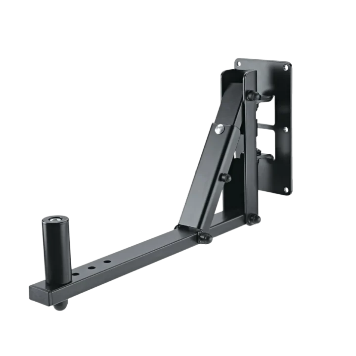K&M black speaker wall mount with adjustable tilt and swivel mechanism front view
