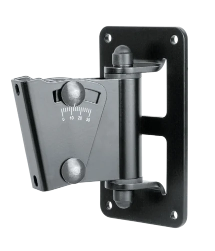 K&M black speaker wall mount with adjustable tilt and swivel mechanism front view