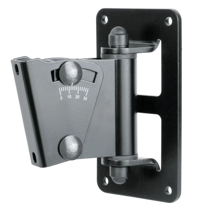 K&M black speaker wall mount with adjustable tilt and swivel mechanism front view