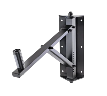 K&M black speaker wall mount with adjustable tilt and swivel mechanism front view