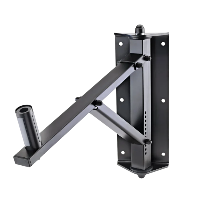 K&M black speaker wall mount with adjustable tilt and swivel mechanism front view