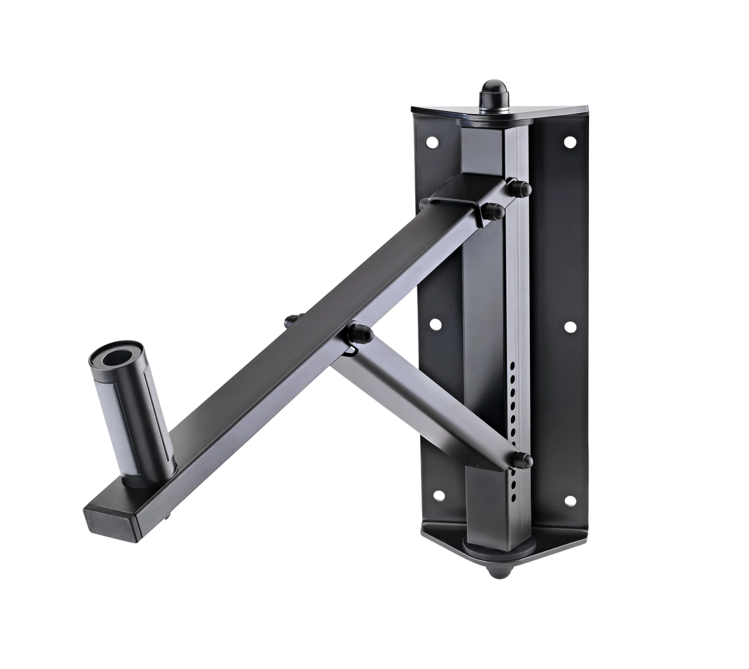 K&M Speaker Wall Mount Black Front View K&M black speaker wall mount with adjustable tilt and swivel mechanism front view