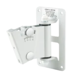 K&M white speaker wall mount with adjustable tilt and swivel mechanism front view
