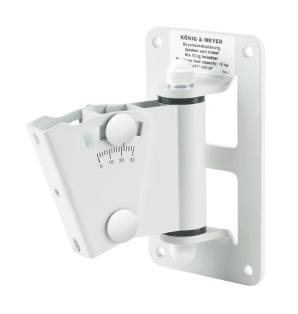 K&M white speaker wall mount with adjustable tilt and swivel mechanism front view