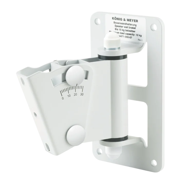 K&M white speaker wall mount with adjustable tilt and swivel mechanism front view