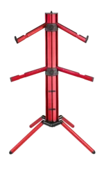 K&M Spider Pro red anodized keyboard stand close-up detail showing adjustment mechanism and construction