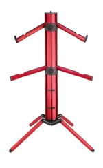 K&M Spider Pro red anodized keyboard stand close-up detail showing adjustment mechanism and construction