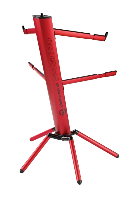 K&M Spider Pro red anodized keyboard stand rear panel showing stability feet and support structure