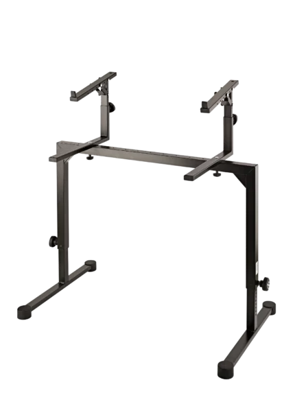 K&M stacker adapter mounted on professional microphone stand showing practical installation setup