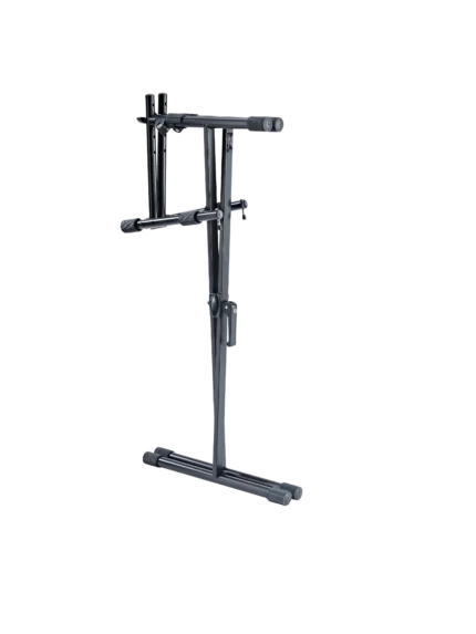 K&M Stacker black microphone stand mechanism detail showing locking collar and adjustment hardware