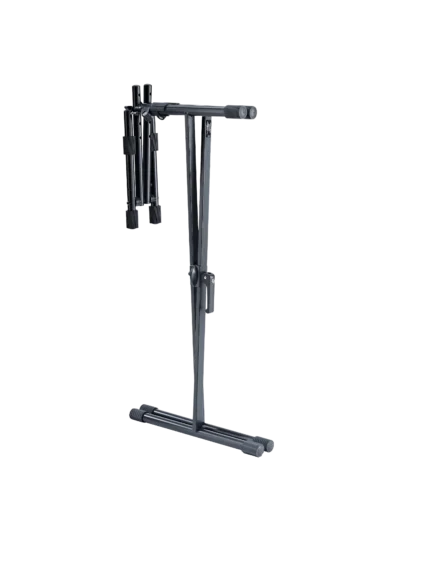 K&M Stacker black microphone stand rear panel showing cable management and mounting hardware details