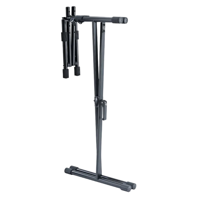 K&M Stacker black microphone stand rear panel showing cable management and mounting hardware details