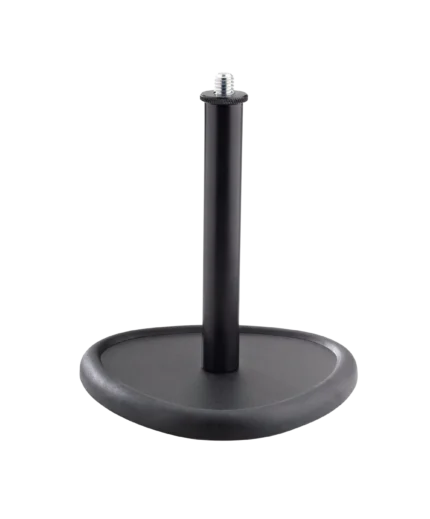 K&M black table microphone stand with weighted base and adjustable boom arm