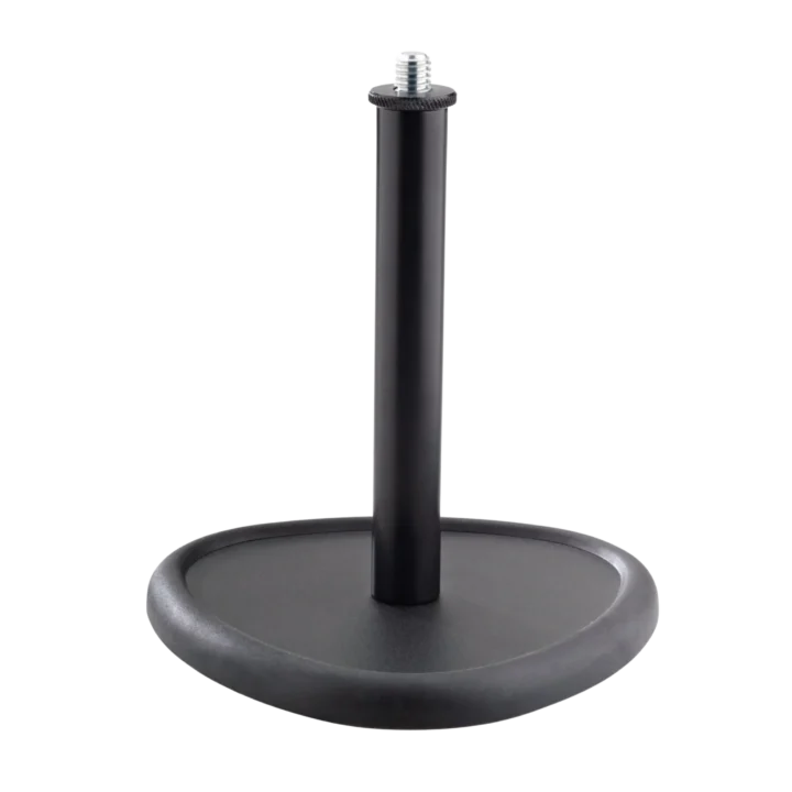 K&M black table microphone stand with weighted base and adjustable boom arm