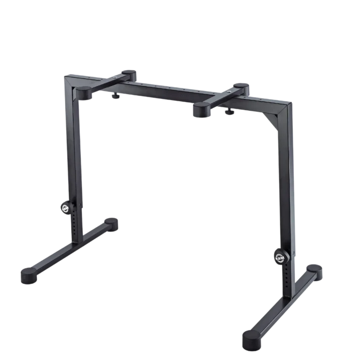 K&M black table-style keyboard stand with adjustable height and sturdy base construction