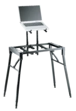 K&M table-style keyboard stand black with dimensional measurements and specifications diagram