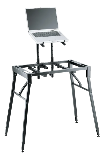 K&M table-style keyboard stand black with dimensional measurements and specifications diagram
