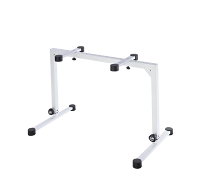 K&M table-style keyboard stand pure white rear panel showing adjustment mechanisms and support structure