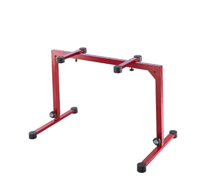 K&M table-style keyboard stand red finish showing rear panel construction and support legs
